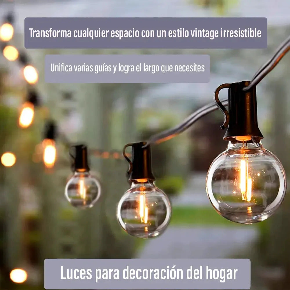 Guirnaldas guia de 25 luces vintage exterior + 2 repuestos blanco cálido