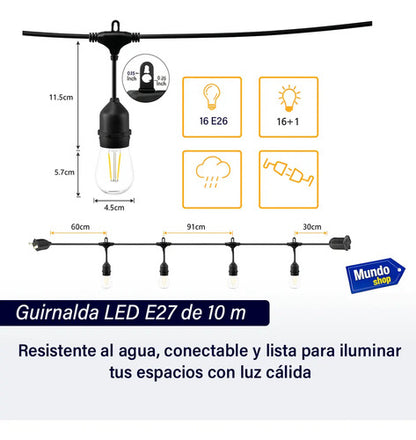 Guirnalda Guia Luces Jardin Lamparitas Led E27 Reforzadas Blanco Cálido