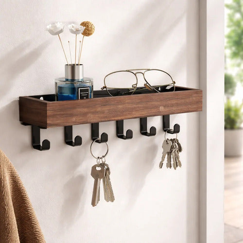 Porta Llaves De Pared De Madera Con Ganchos Metálicos Marrón Oscuro