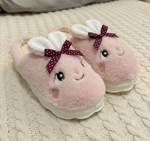 Pantuflas Peluda Diseño Conejito Con Orejas Cálidas Suaves Rosa Liso 37 Uy