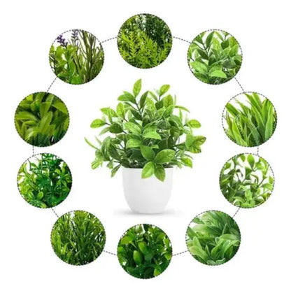 Set 10 Plantas Artificiales Decorativas En Maceta Blanca Verde