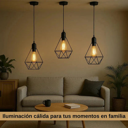 Lampara Colgante Jaula Diamante Pack X3 + Bombita Estructura Negro