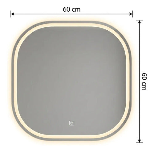 Espejo Cuadrado Borde Redondeado Con Luz Led 60cm Táctil Blanco