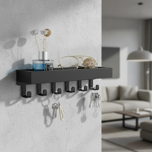 Porta Llaves De Pared De Madera Con Ganchos Metálicos Negro