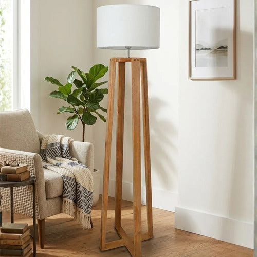 Lampara De Pie Atenas Tripode Madera Diseño Moderno Beige Marrón Claro