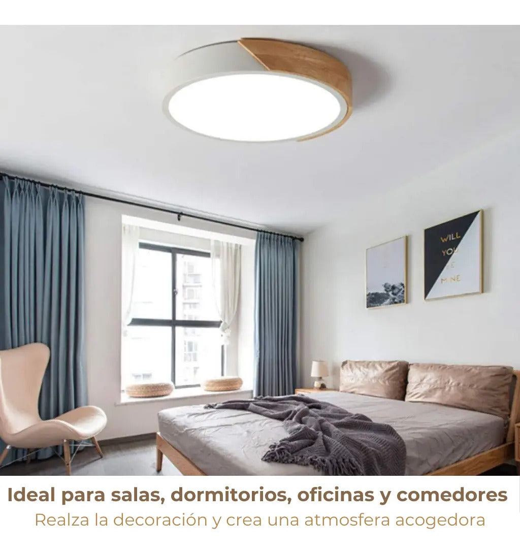 Luminaria luz fria plafon LED diám 30cm metal y madera