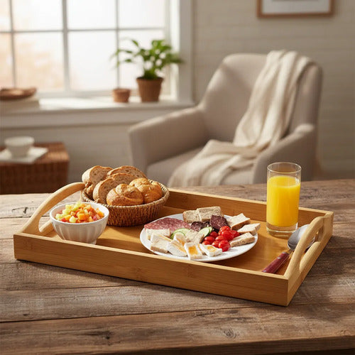 Bandeja Para Servir Desayunador De Bambu 36x25cm Marrón Claro