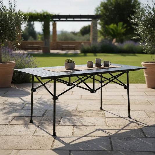 Mesa plegable exterior jardín camping símil madera aluminio negro
