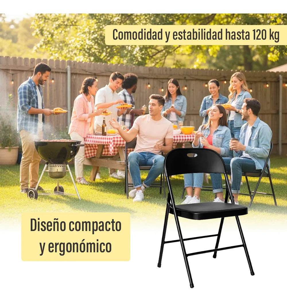 Pack 4 sillas plegables reforzadas para jardin exterior negro lisa