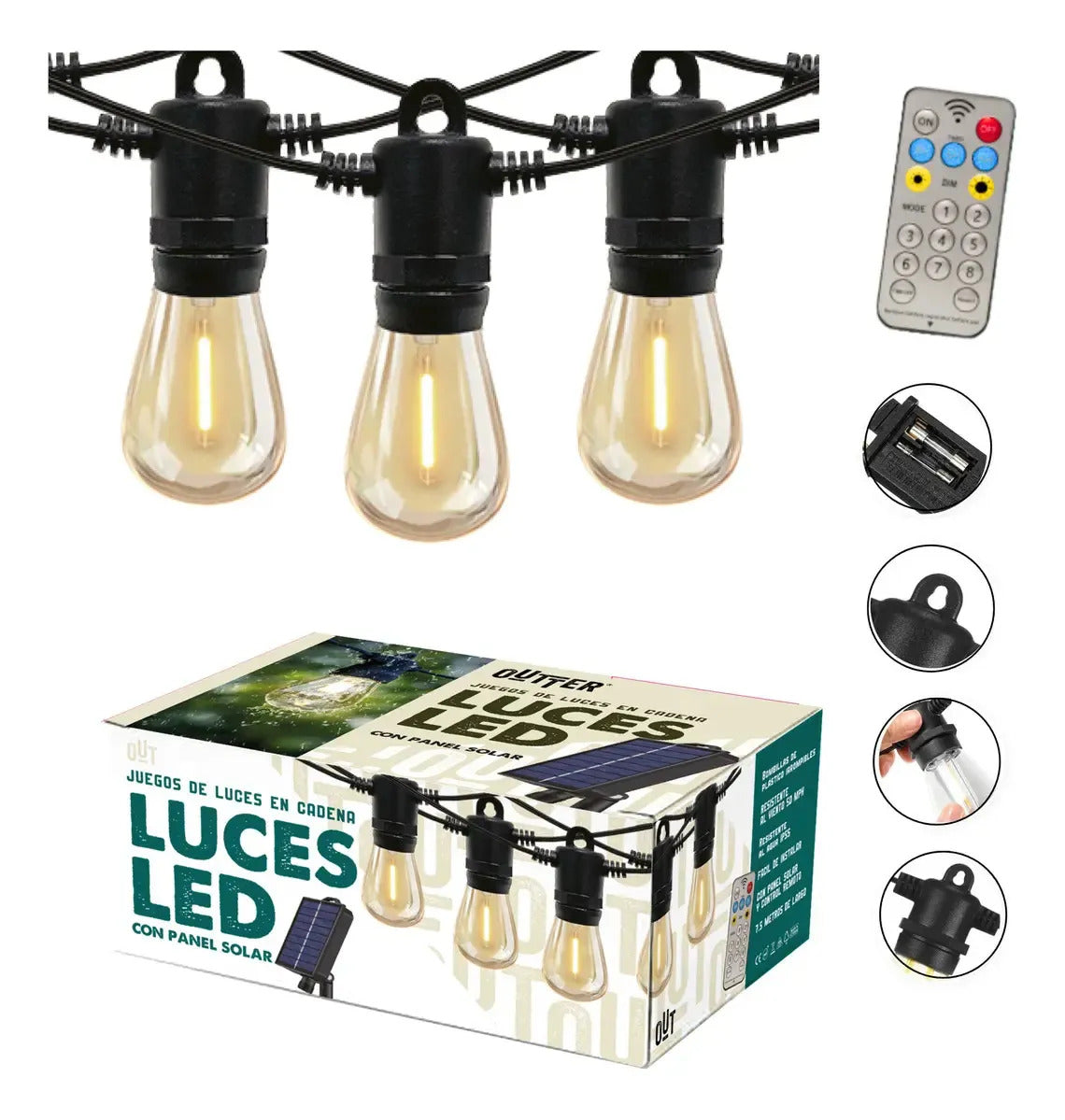 Guirnalda guia de luces LED solar 7.5 mts luz cálida amarillo