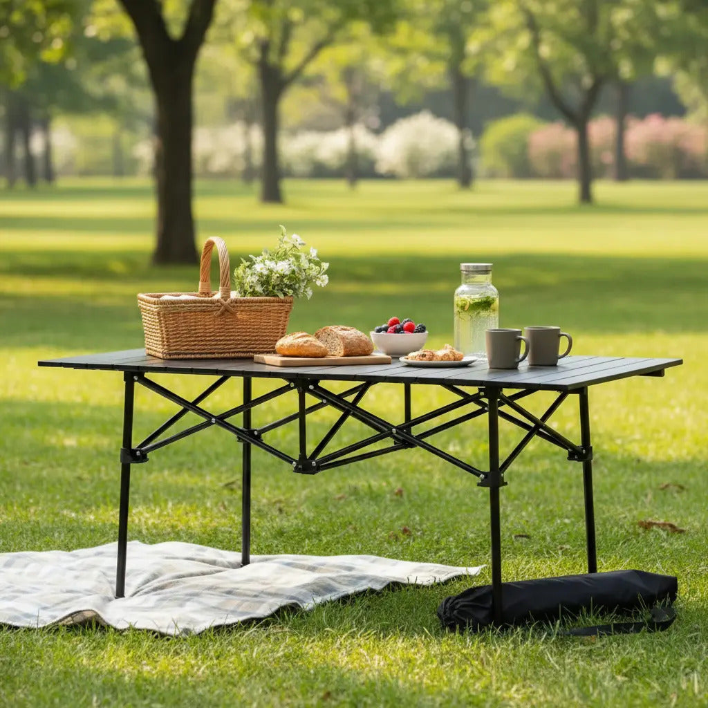 Mesa plegable exterior jardín camping símil madera aluminio negro