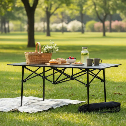 Mesa plegable exterior jardín camping símil madera aluminio negro