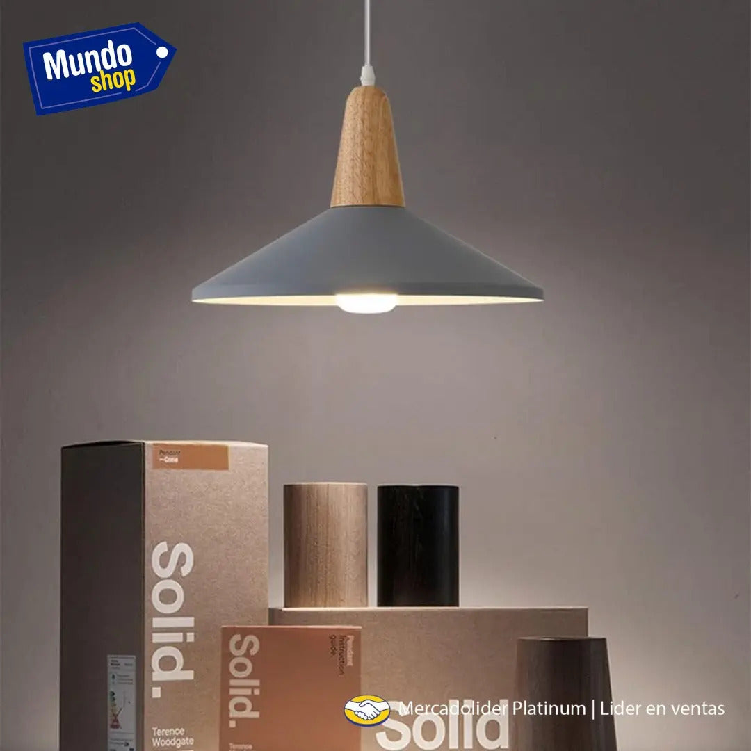Lampara colgante metal nordica plato deco simil madera LED