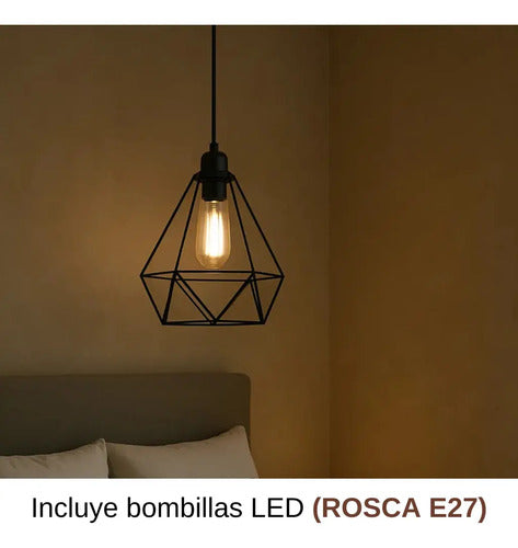 Lampara Colgante Jaula Diamante Led + Bombita Negro