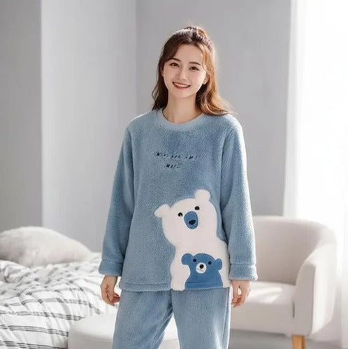 Pijama Conjunto Plush Peludo Suave Diseño Osito Manga Larga Celeste Liso Xxl