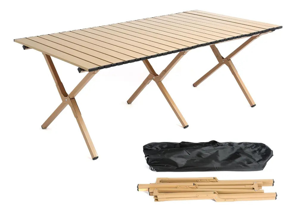 Mesa portátil plegable exterior camping acero símil madera marrón