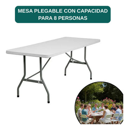 Mesa Plegable Tipo Valija Portable Plástica 180cm Blanca Blanco