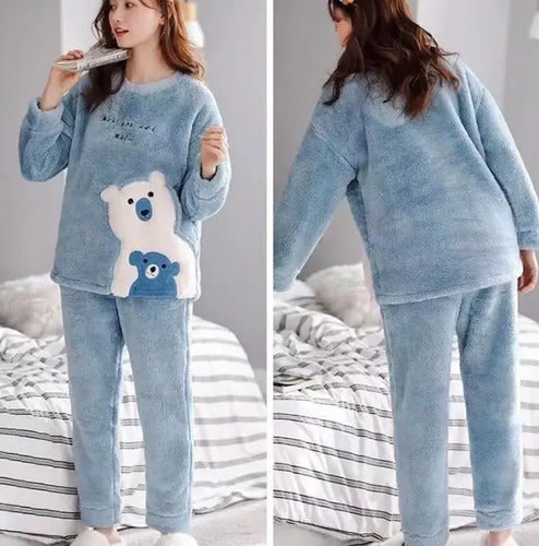 Pijama Conjunto Plush Peludo Suave Diseño Osito Manga Larga Celeste Liso Xxl