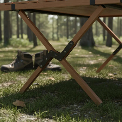 Mesa portátil plegable exterior camping acero símil madera marrón