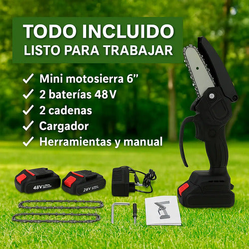 Mini motosierra 8 maletín + bateria + cadenas + accesorios negro