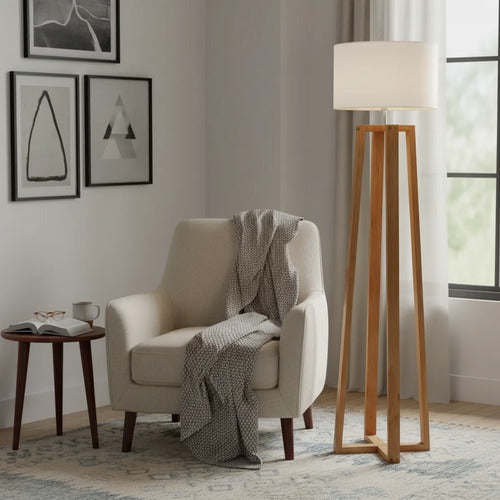Lampara De Pie Atenas Tripode Madera Diseño Moderno Beige Marrón Claro