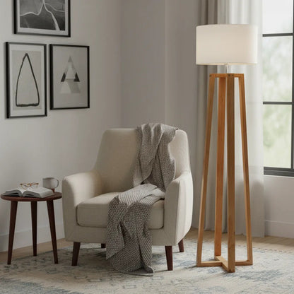 Lampara De Pie Atenas Tripode Madera Diseño Moderno Beige Marrón Claro