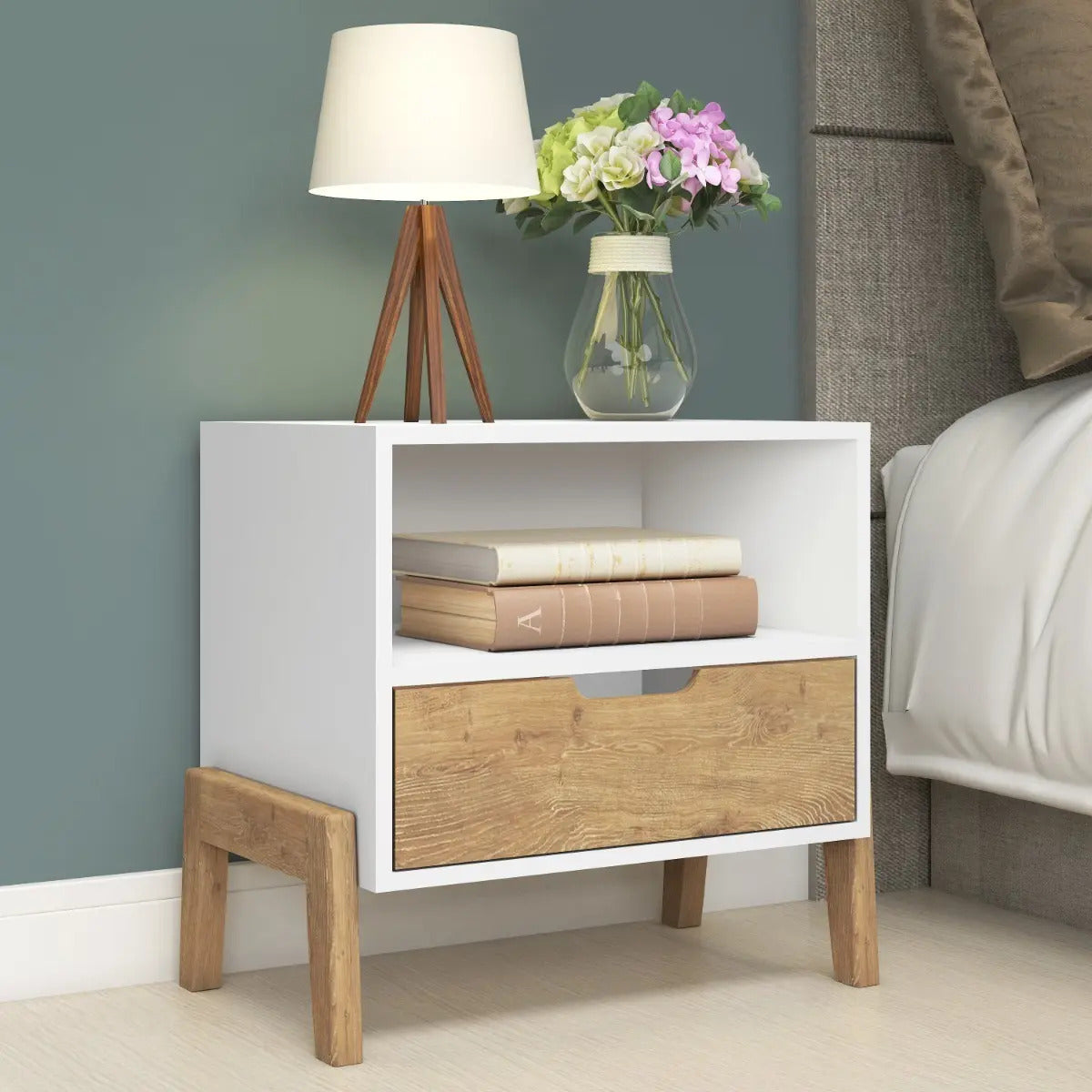 Mesa de luz nordica living dormitorio combinada 1 cajón x2
