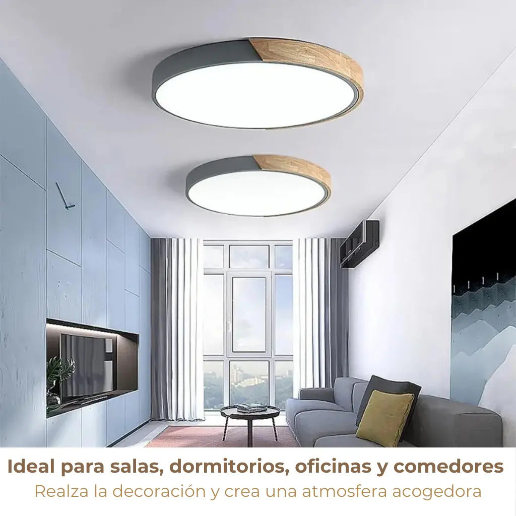 Luminaria luz fria plafon LED diám 30cm metal y madera