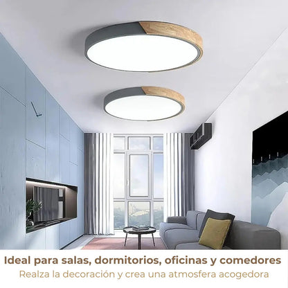 Luminaria luz fria plafon LED diám 30cm metal y madera