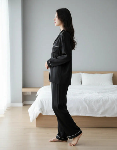 Pijama De Satén Manga Larga Pantalón Y Camisa Conjunto Negro Liso Xxl