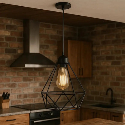Lampara Colgante Jaula Diamante Led + Bombita Negro