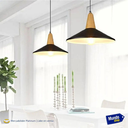 Lampara colgante metal nordica plato deco simil madera LED