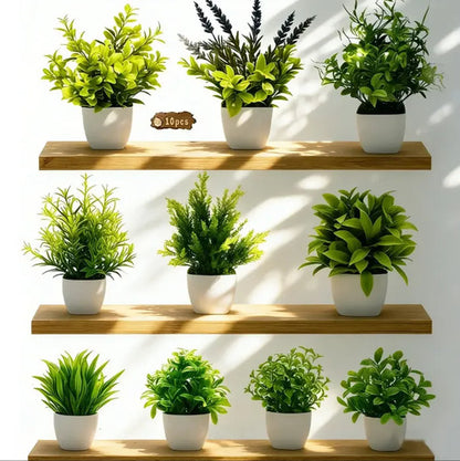 Set 10 Plantas Artificiales Decorativas En Maceta Blanca Verde