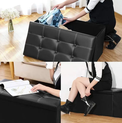 Banqueta Baúl Puff 76x38x38 Cm Organizador Multiuso Negro