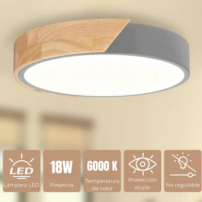 Luminaria luz fria plafon LED diám 30cm metal y madera