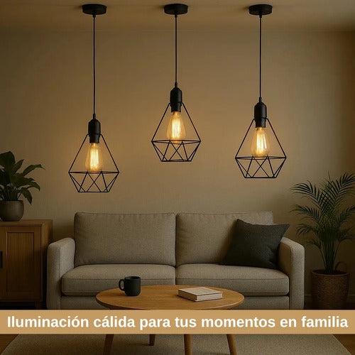 Lampara Colgante Jaula Diamante Led + Bombita Negro