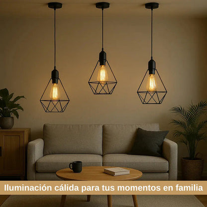 Lampara Colgante Jaula Diamante Led + Bombita Negro