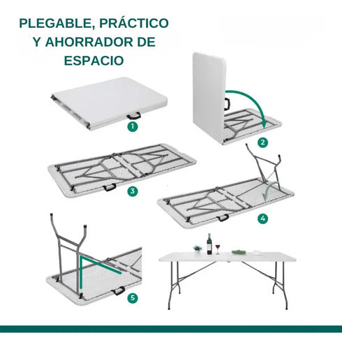 Mesa Plegable Tipo Valija Portable Plástica 180cm Blanca Blanco