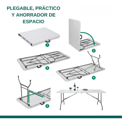 Mesa Plegable Tipo Valija Portable Plástica 180cm Blanca Blanco