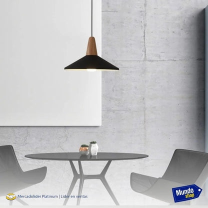 Lampara colgante metal nordica plato deco simil madera LED