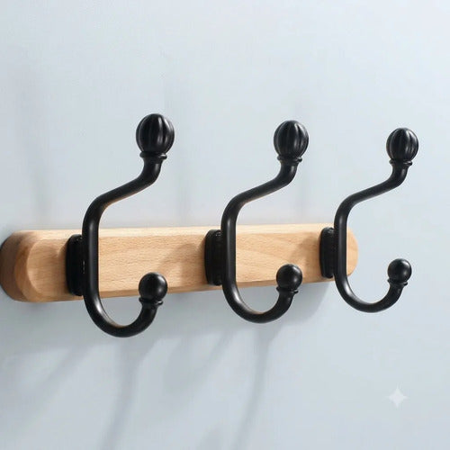 Kit Perchero Simil Madera 4 Ganchos Metal Estilo Vintage Negro