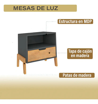 Mesa de luz nordica living dormitorio combinada 1 cajón x2