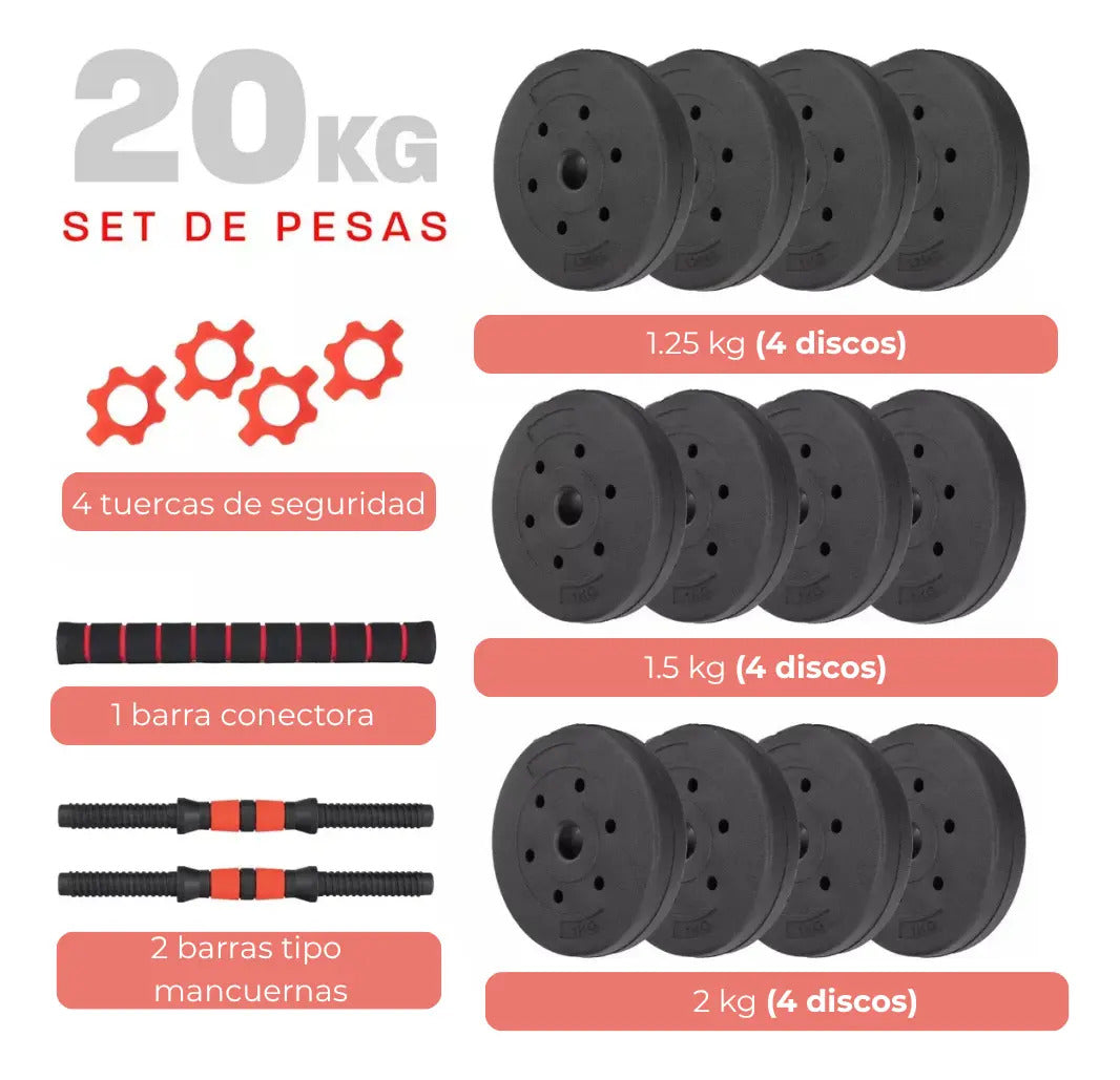Set mancuerna Bosco ajustable + barra 20 kg total