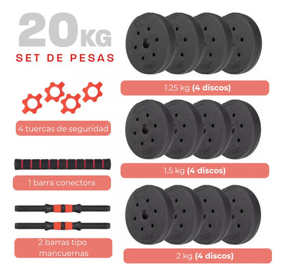 Set mancuerna Bosco ajustable + barra 20 kg total