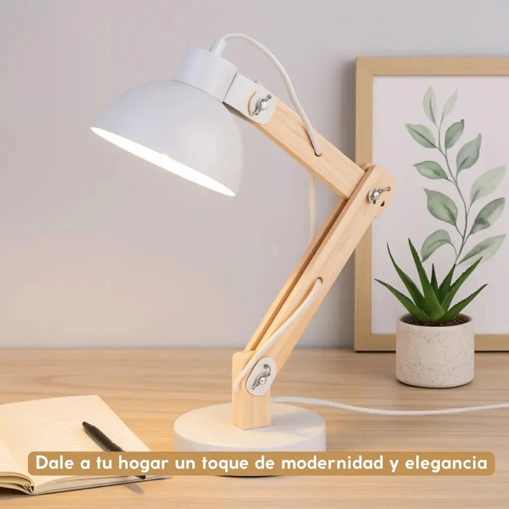 Lampara portátil de escritorio madera y metal regulable marrón claro blanco