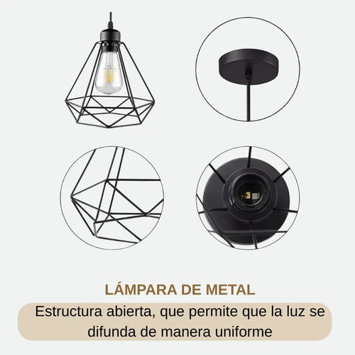 Lampara Colgante Jaula Diamante Led + Bombita Negro