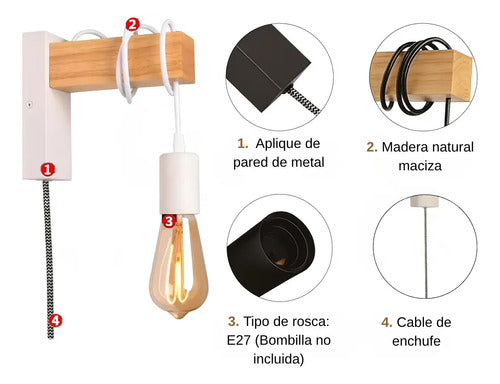 Aplique Colgante Portalámparas Metal Madera Vintage Negro