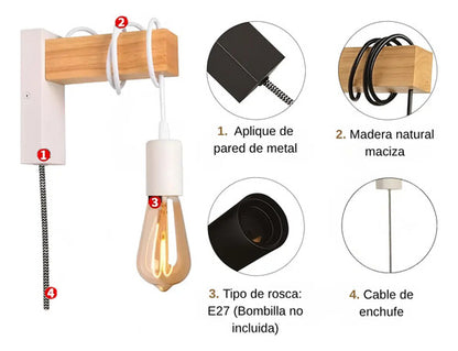 Aplique Colgante Portalámparas Metal Madera Vintage Negro