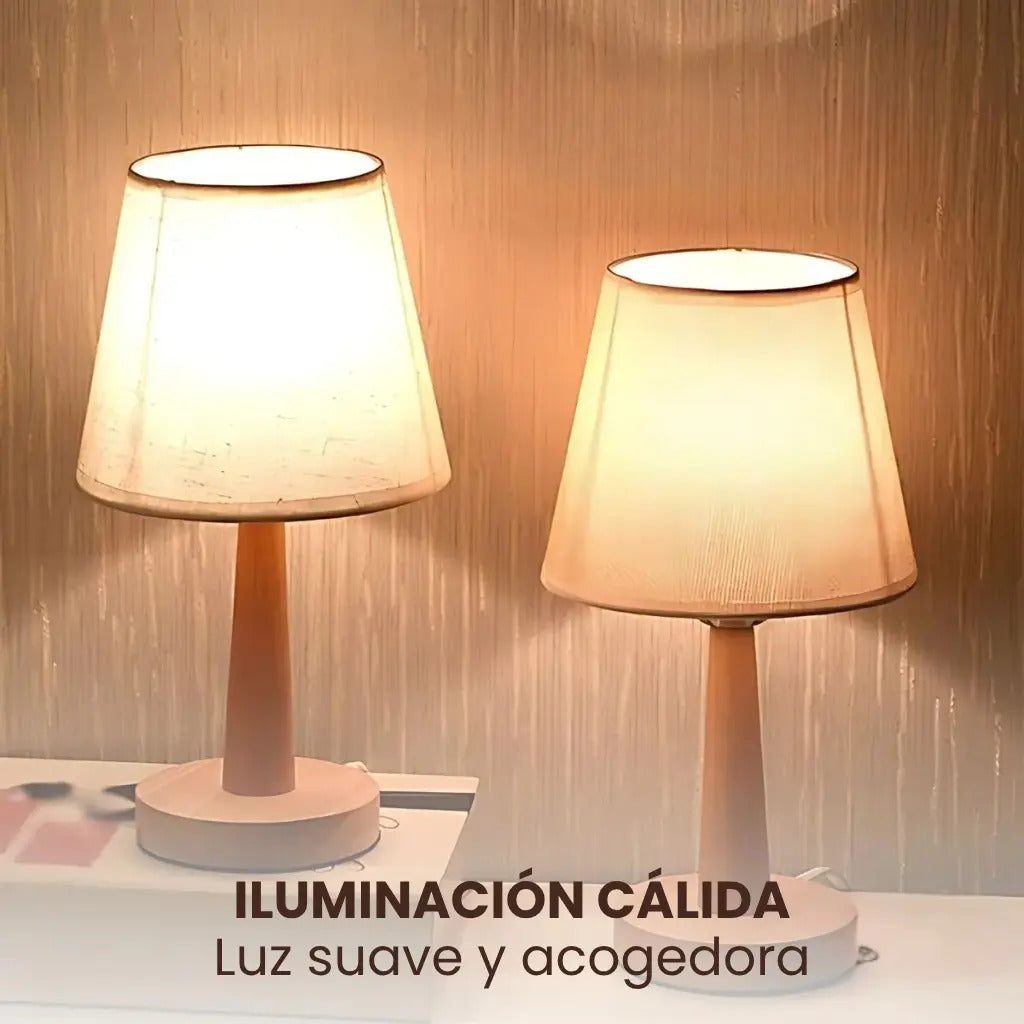 Lampara portatil de mesa velador nordica madera y lino cali marrón claro amarillo