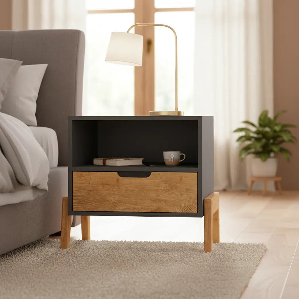 Mesa de luz nordica living dormitorio combinada 1 cajón x2